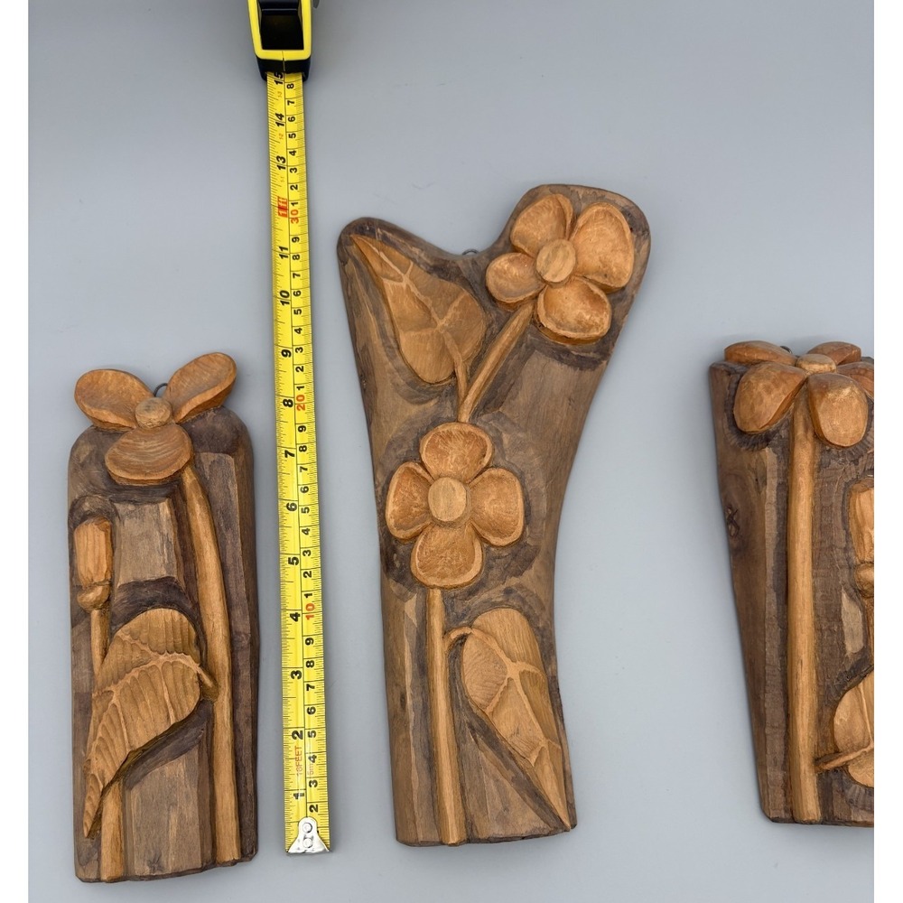Vintage Hand Carved Wood Flowers 3 Piece Set Hanging Wall Art Made in Poland - Picture 2 of 11